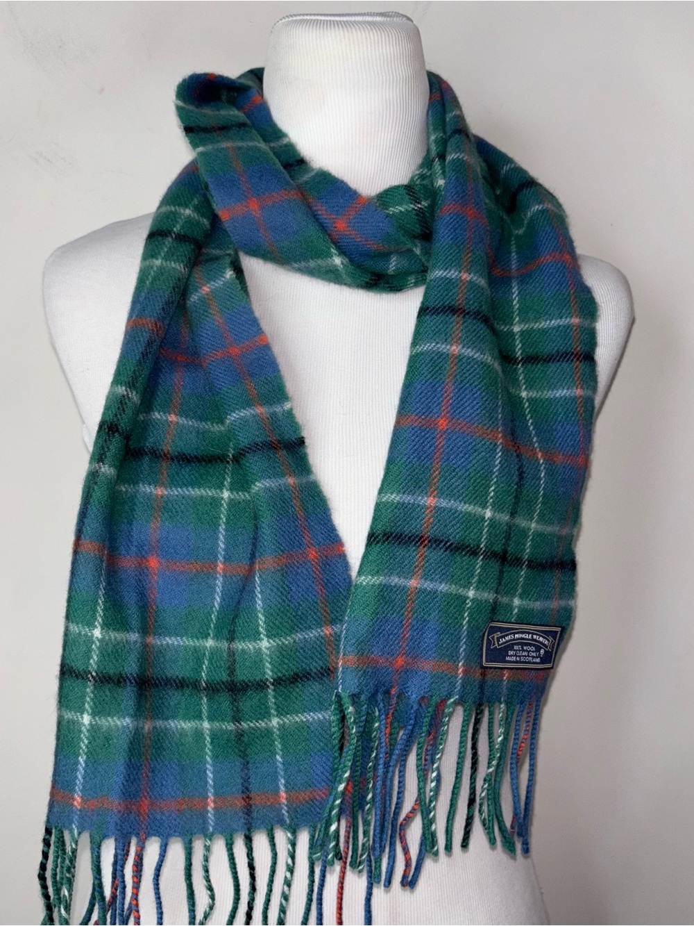 James Pringle Weavers 100% Wool Tartan Scarf Made in Scotland Blue Green Plaid